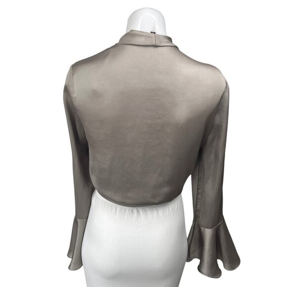 Bardot Silver Silk Satin Bell Long Sleeve Tie Hem Cropped Blouse Top Size 6/S - Picture 2 of 4